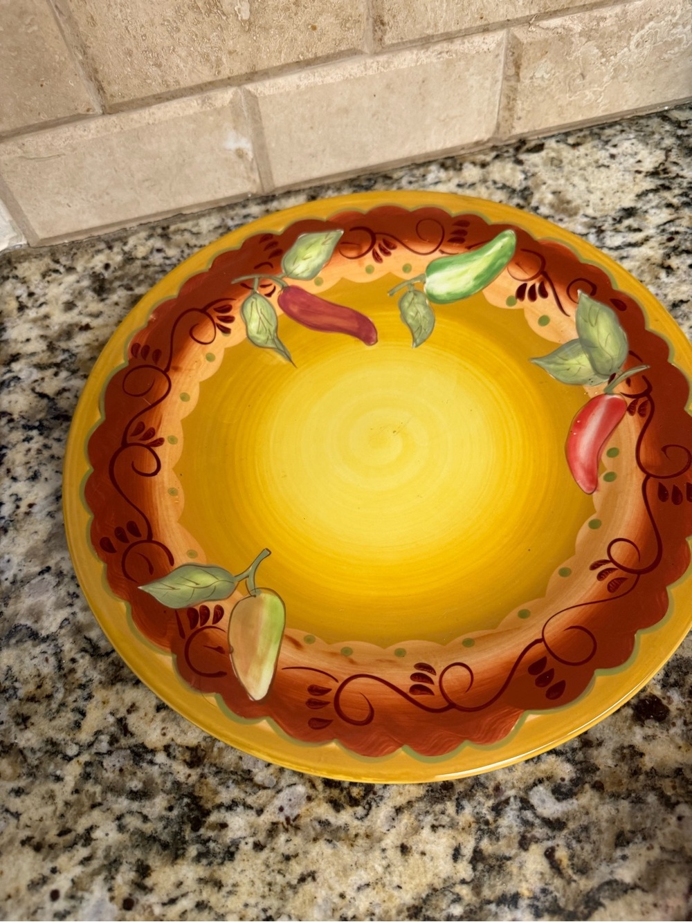 Hand-Painted Yellow Ceramic Serving Bowl with Chili Motif